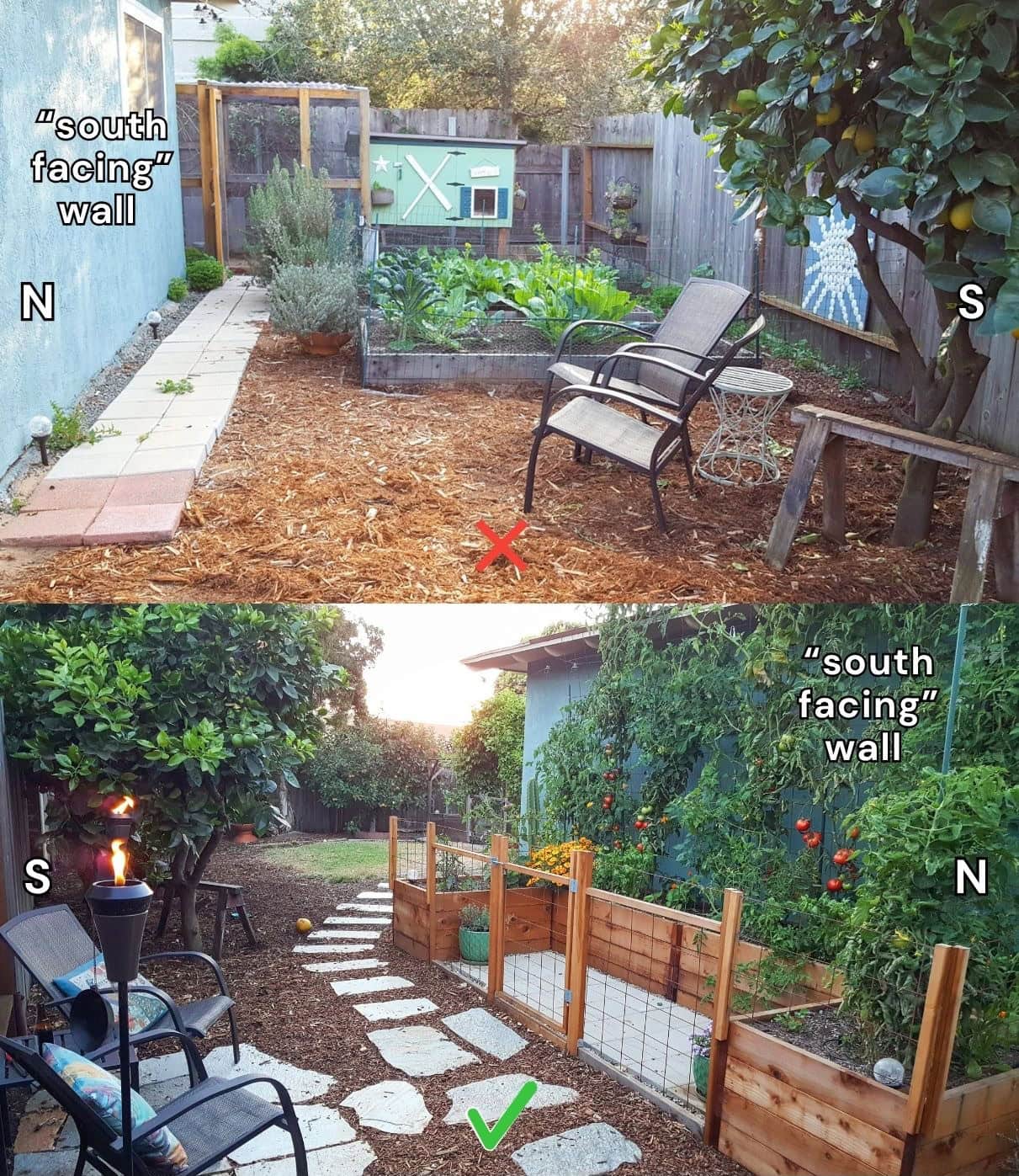 A two part image collage showing the same space with garden beds in different places in accordance to "south facing". The first image shows two garden beds near a fence with a walkway in between the beds and a house on the way to a chicken coop. "N" has been superimposed on the house and "S" has been superimposed on the fence to shows where north and south are. The second image shows raised garden beds along the side of the house with a walkway in between the raised beds and fence area. The wall of the house is on the north side of the property, facing south while the fence is facing north. 