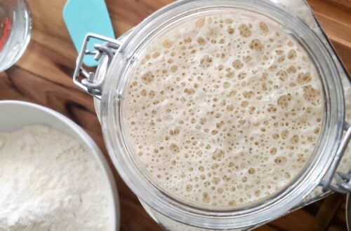 A glass container of sourdough starter sits next to a bowl of flour, a glass measuring cup of water, and a blue silicone spatula.