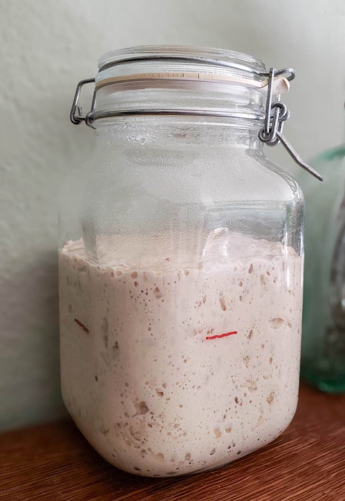 A large flip top glass container is full of a mixture of flour and water. It has risen to be about 1/3rd over a red line that was made on the container. 
