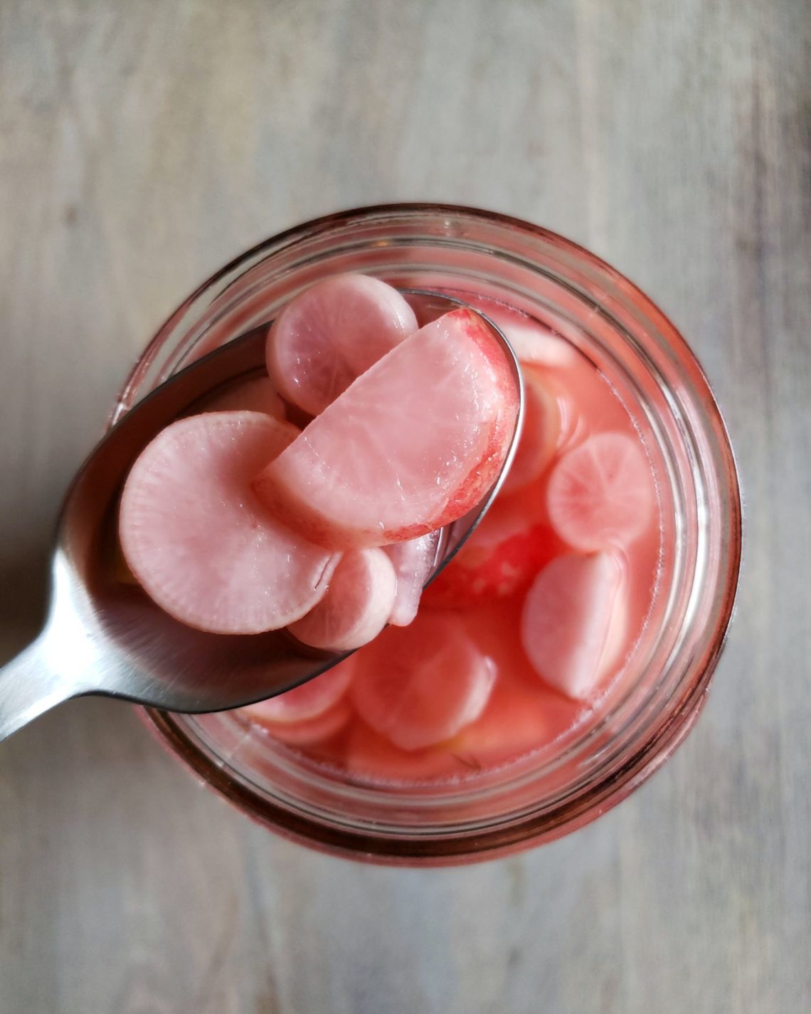 A spoon full of pink fermented homegrown radish slices