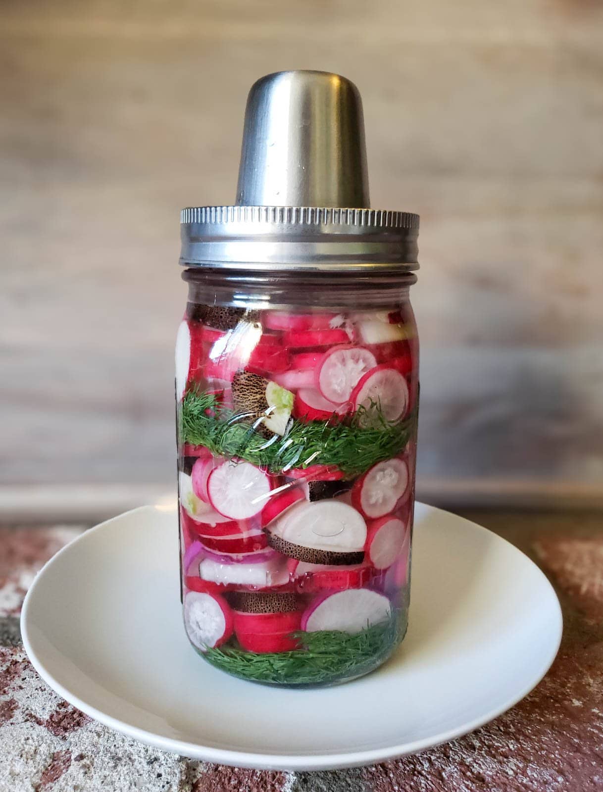 The jar full of sliced radishes and a few sprigs of garlic now has a stainless steel airlock fermentation lid on top, and the jar is sitting on a plate to catch any overflow or leaks