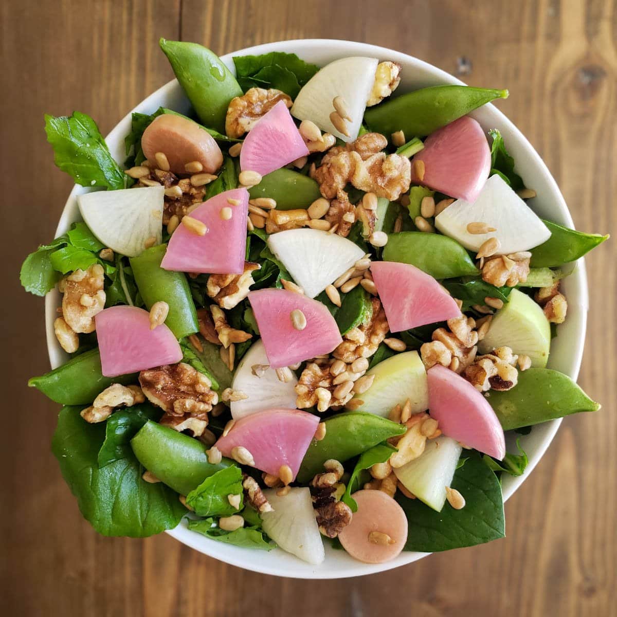 A bowl of garden salad, including romaine, arugula, spinach, snap peas, raw daikon radishes, and fermented radishes. 100% homegrown.