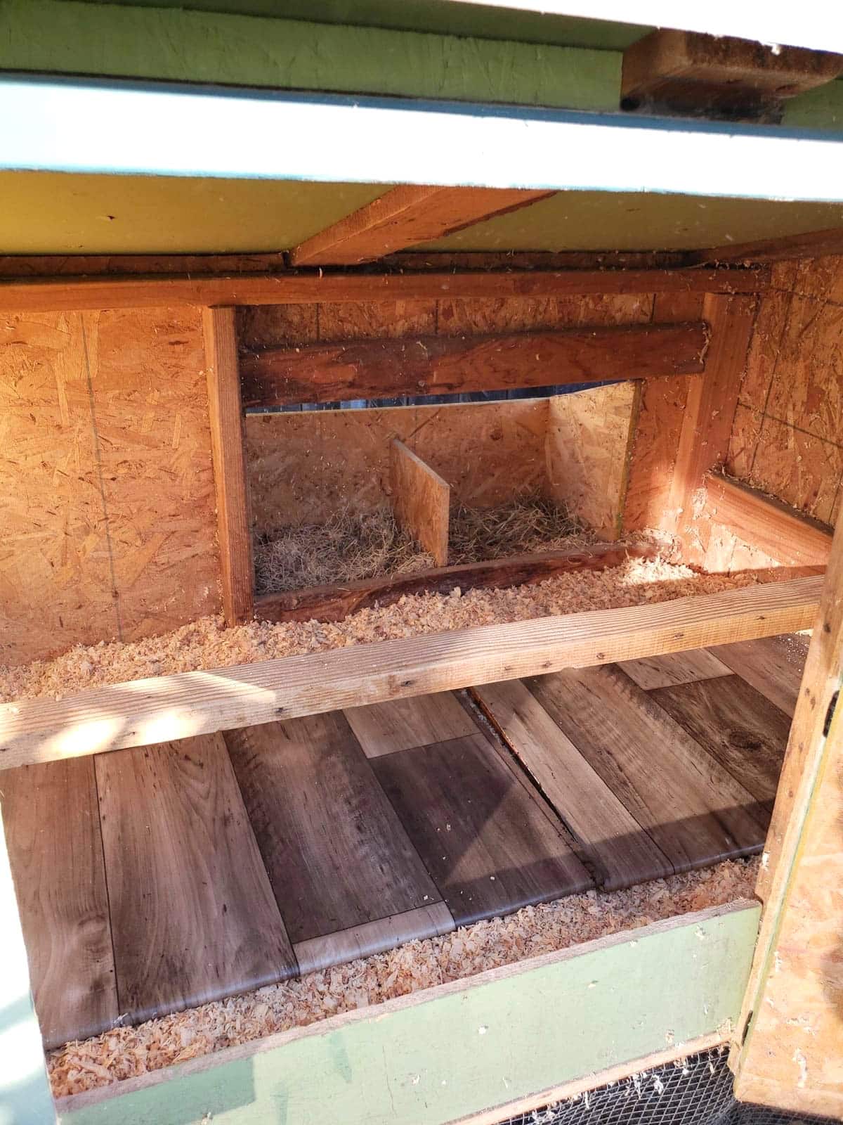 The inside of a small reach in coop contains a roost, poop board, and two nesting boxes.