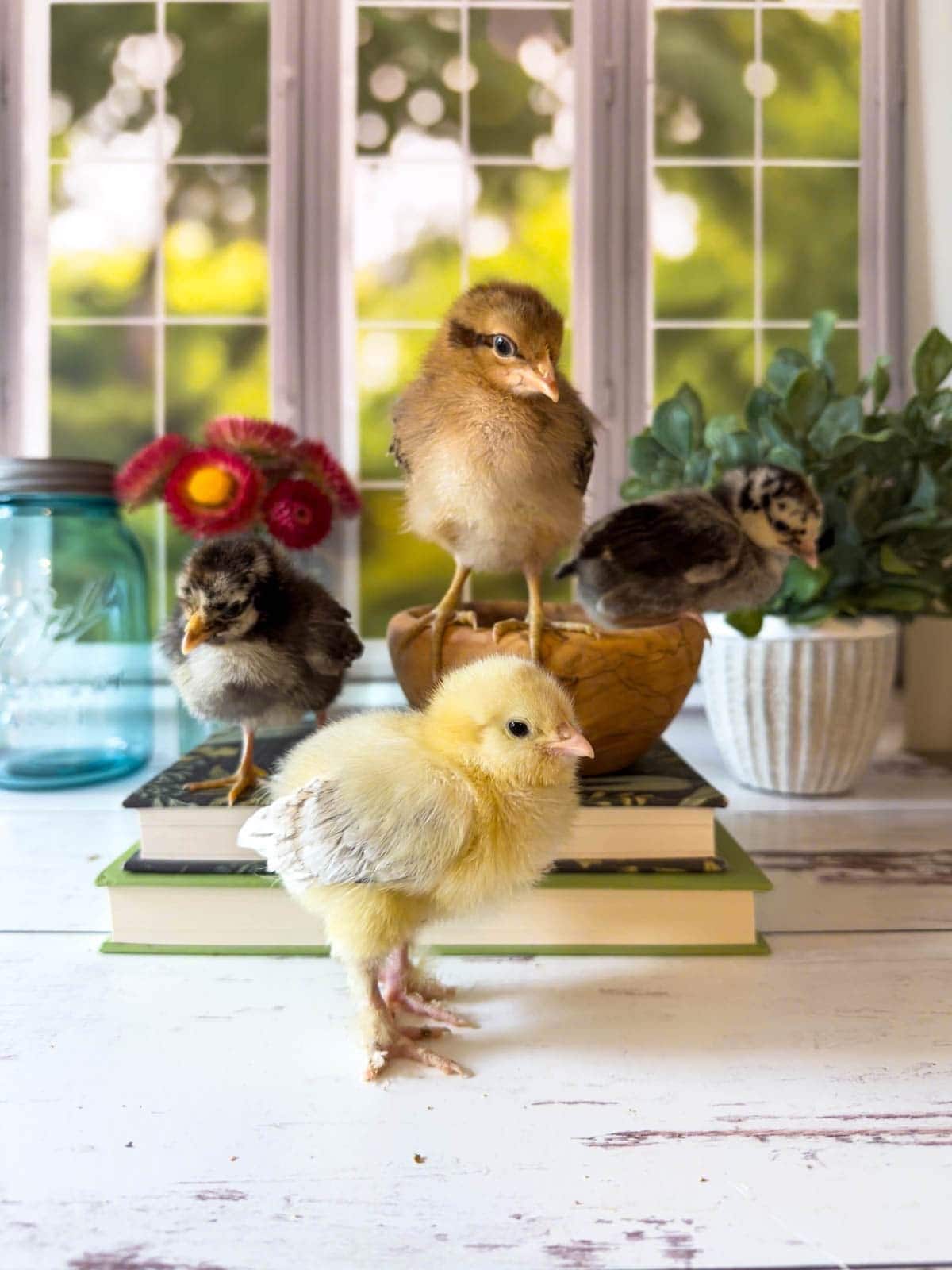 Four baby chicks are posing on top of a few books that have been stacked on top of each other. Two of them are roosting on a small wooden bowl.