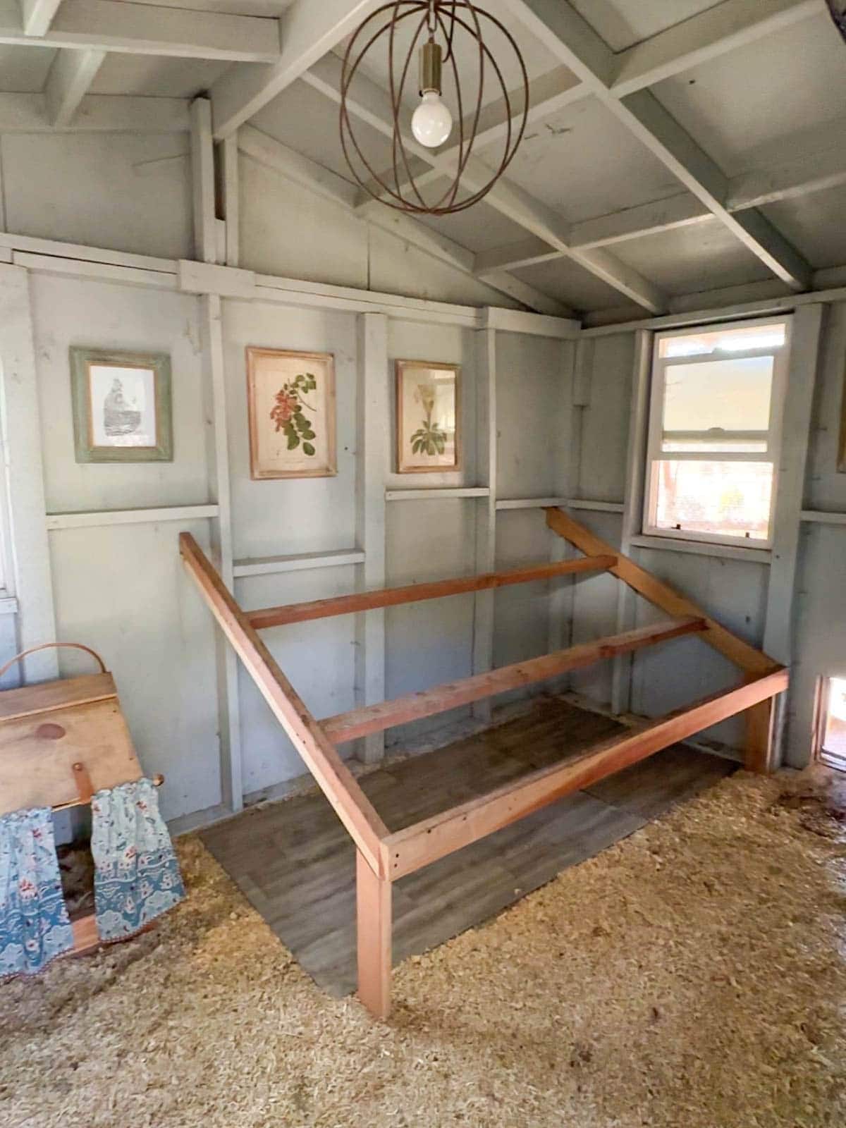 The inside of a large shed coop with a three tiered ladder roost, poop board and nest boxes along the wall.
