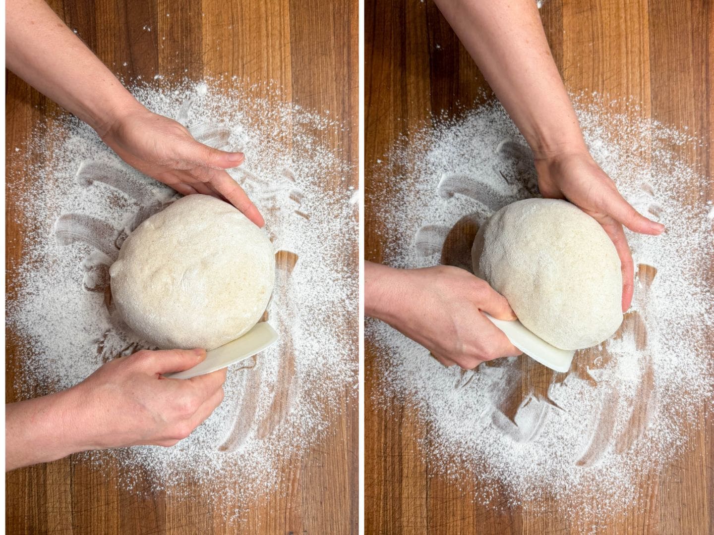 A two part image collage showing the dough being formed into a loaf using a bread scraper on a floured surface. 