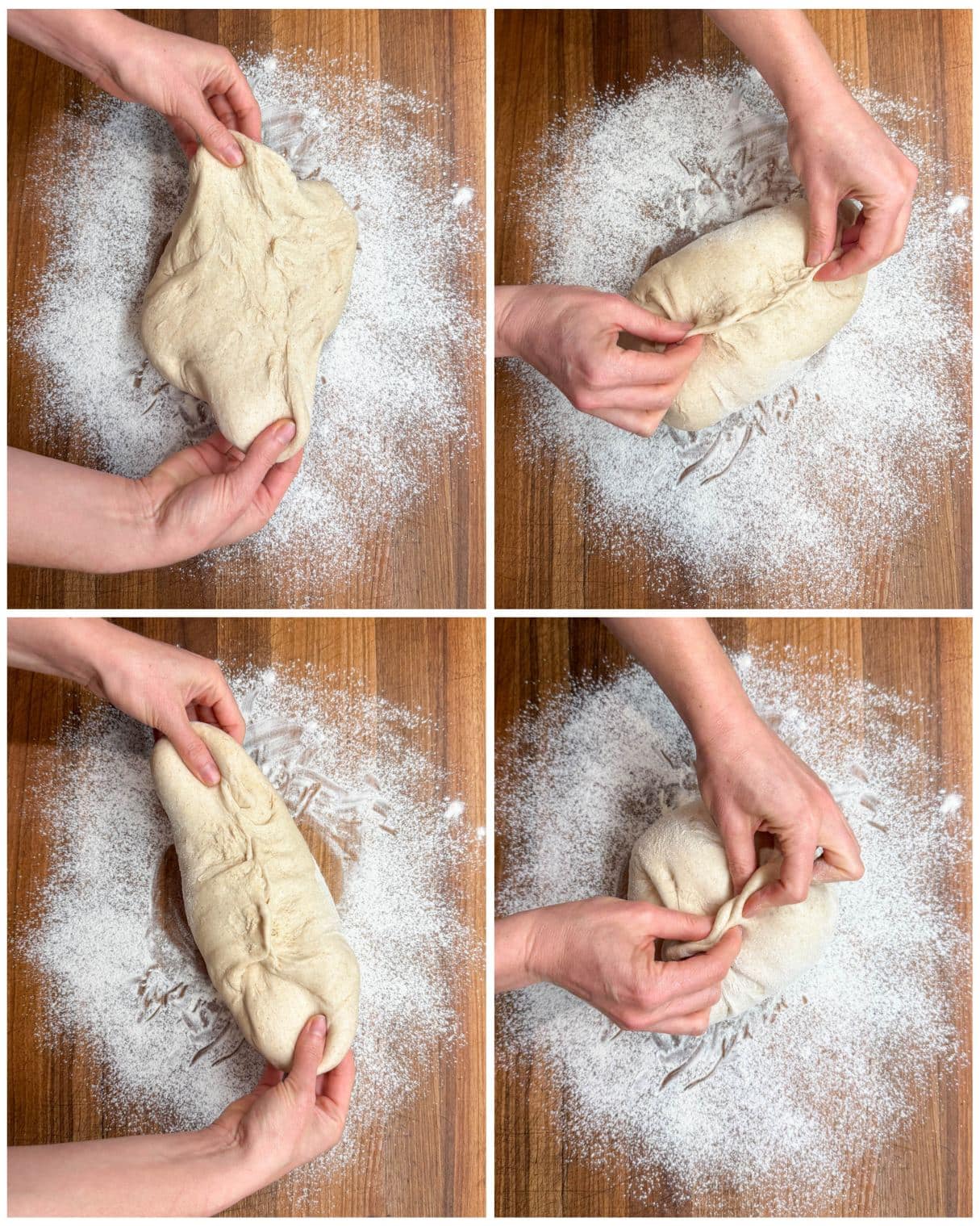 A four part image collage showing the dough being pulled, pinched, and being formed into a loaf on a lightly floured surface. 