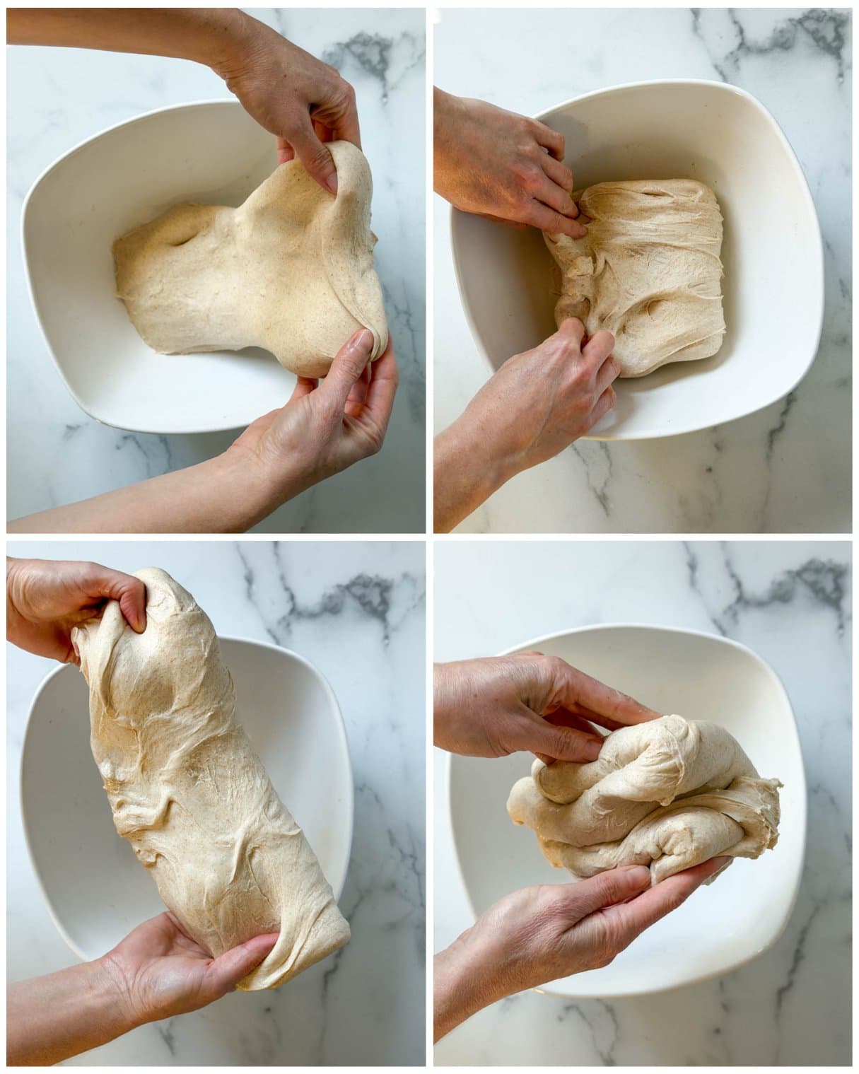 A four part image collage showing the dough being stretched upwards before being folded over itself before repeating the process several times. 