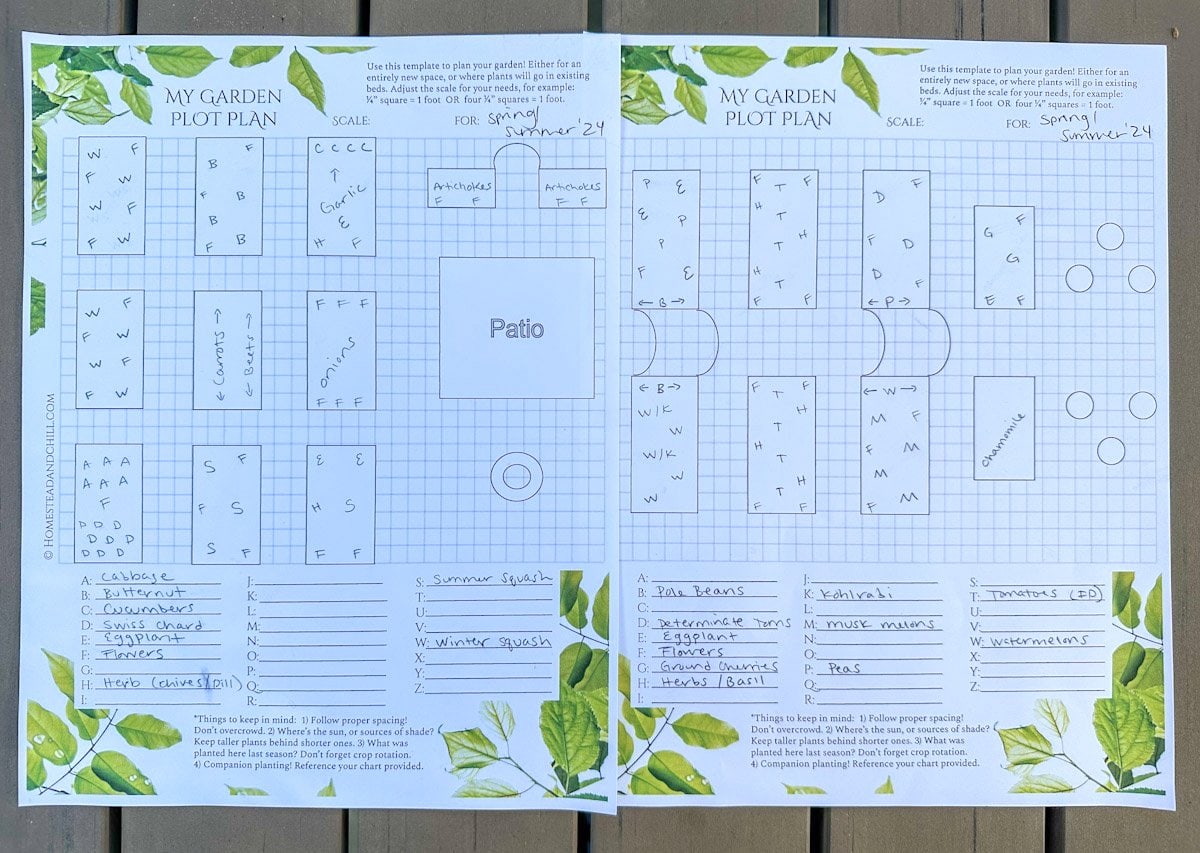 A two page garden plot plan with sketches on where raised beds will be located and what plants will be in each bed.