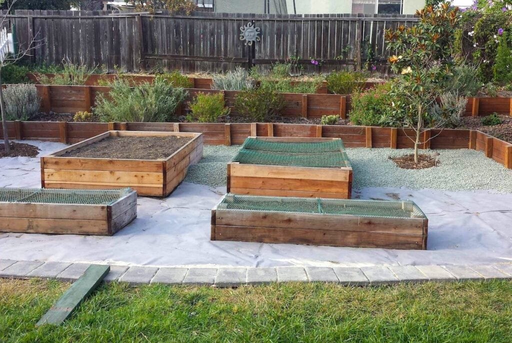 Four raised garden beds, two of each are both the same size and orientation sit on top of landscape fabric that is being covered with gravel.