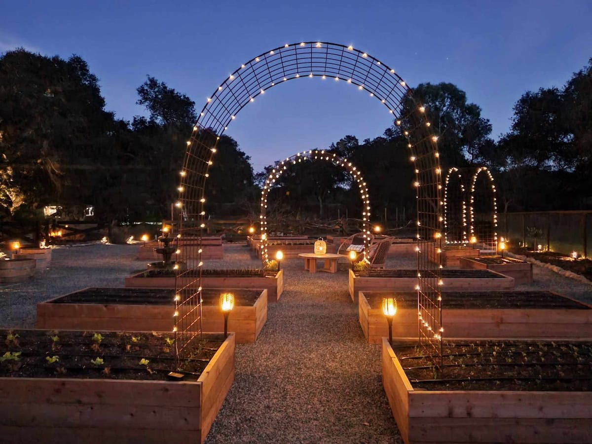 Several brand new raised garden beds at dusk, with arch trellises between beds over a center pathway that are wrapped in solar powered string lights that are lit in the against the dark sky