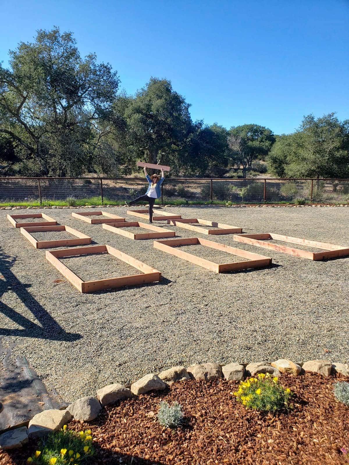A woman standing in a large gravel garden space before the raised beds have been built and installed, with pieces of wood set up on the ground as if they were the 9 raised beds to get an idea on proper spacing.