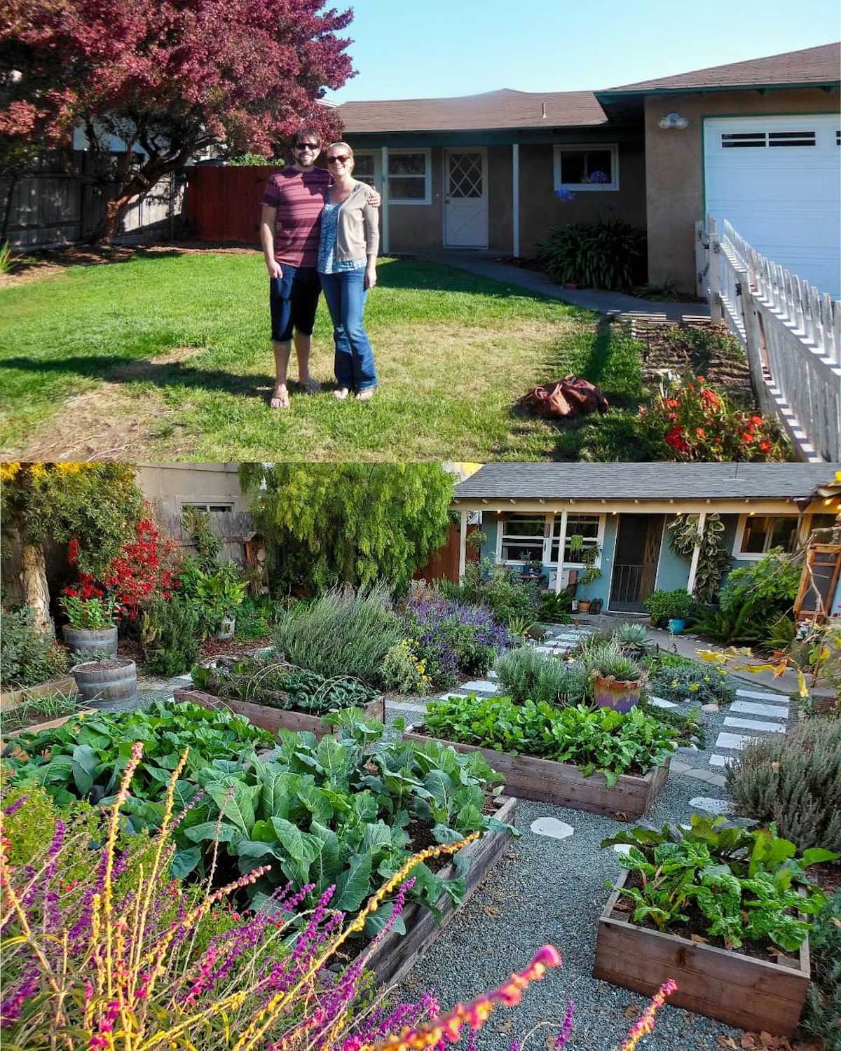 A two part image collage, the first image is Deanna and Aaron standing in front of a house in the lawn. The second image shows the same house a number of years later. The lawn has been replaced by an overflowing garden space with vegetables. flowering plants, and trees.