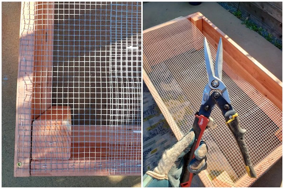 A close-up of the the bottom of the raised bed with hardware cloth attached, and photo of the metal snips used to cut it being held in front of them.