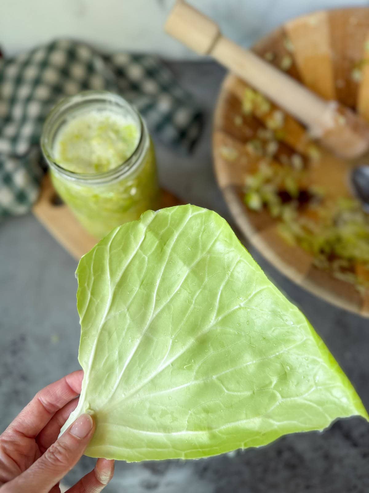 A large section of a cabbage leaf is being held. Below is a quart jar of processed cabbage along with a large wooden bowl.
