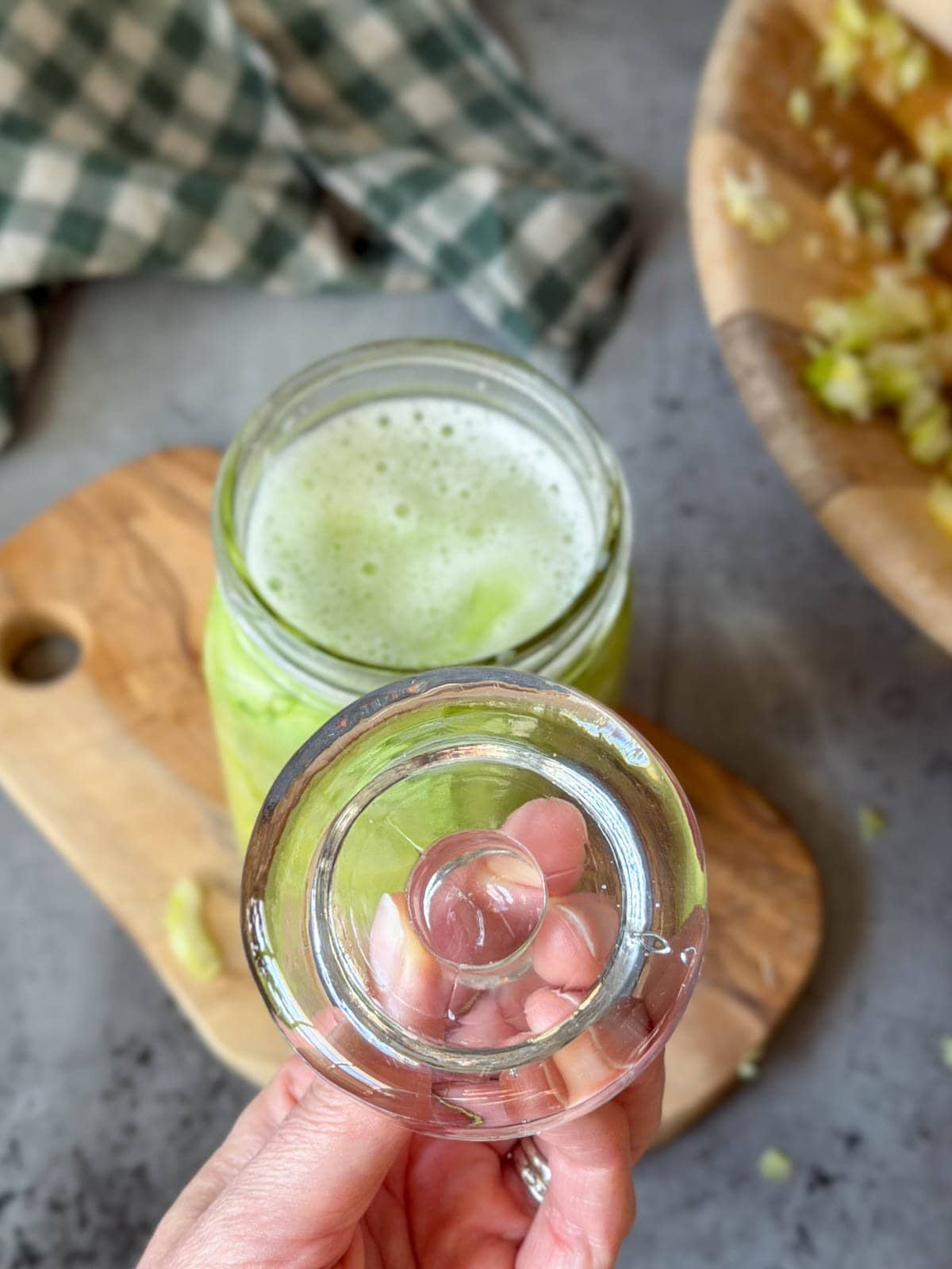A fermentation glass weight is held up in front of a quart jar full of cabbage covered in salt water brine that will make a sauerkraut recipe.