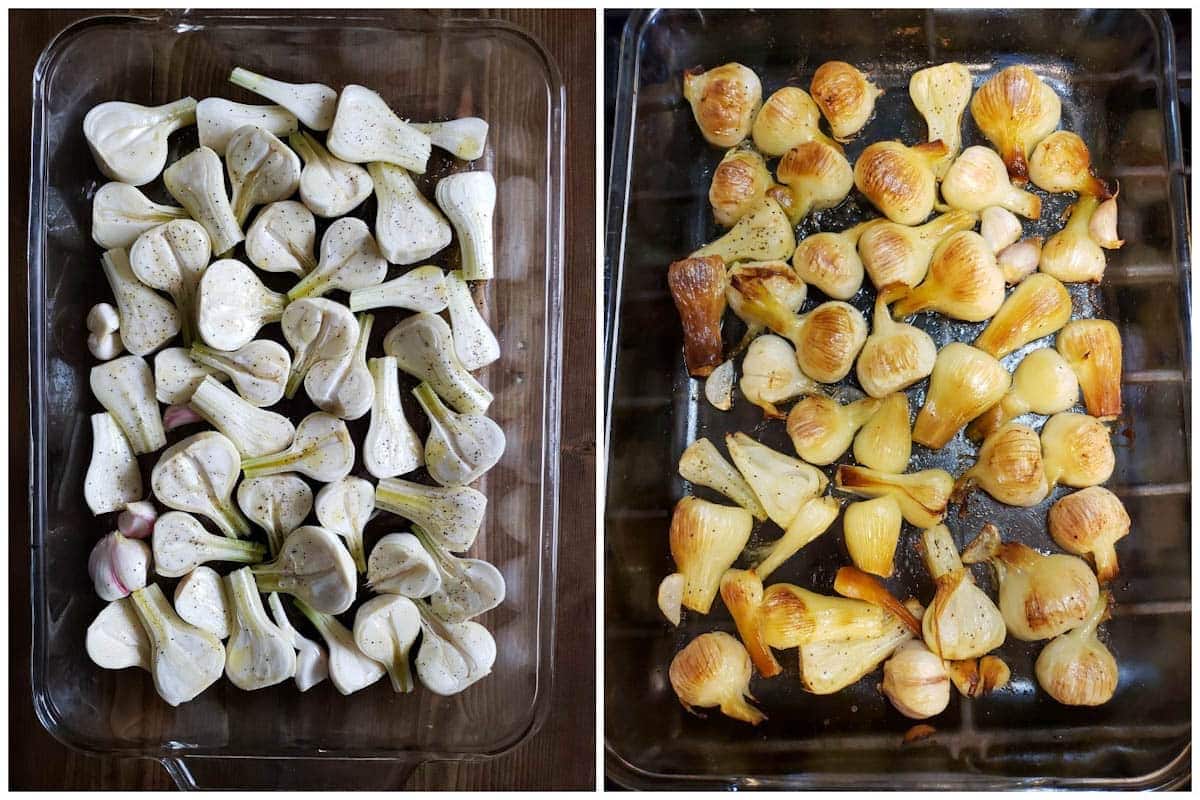 Two images of glass baking pan full of heads of green garlic, cut in half. The first is raw, white, and the second image is after being roasted in the oven, now golden brown.