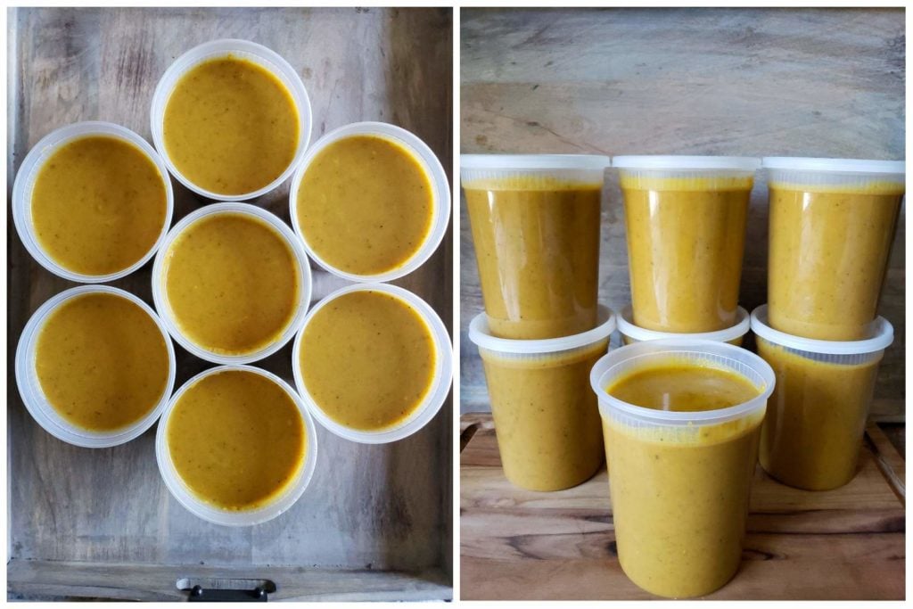 Two images of the finished roasted carrot and sweet potato soup, in 7 plastic quart jars ready to go into the freezer. One image is looking down on 7 circles of golden yellow orange soup from above, and one is of the quart containers stacked like a pyramid.