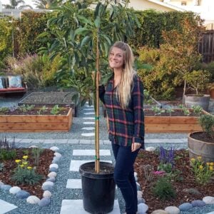 DeannaCat standing with a potted avocado tree in the Homestead and Chill gardens, about to plant the tree