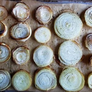 browned roasted onions on a tray, about to go into the freezer