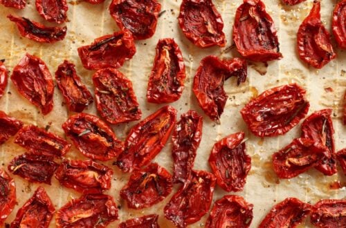 Sun-dried tomatoes are scattered about on a dehydrator rack.