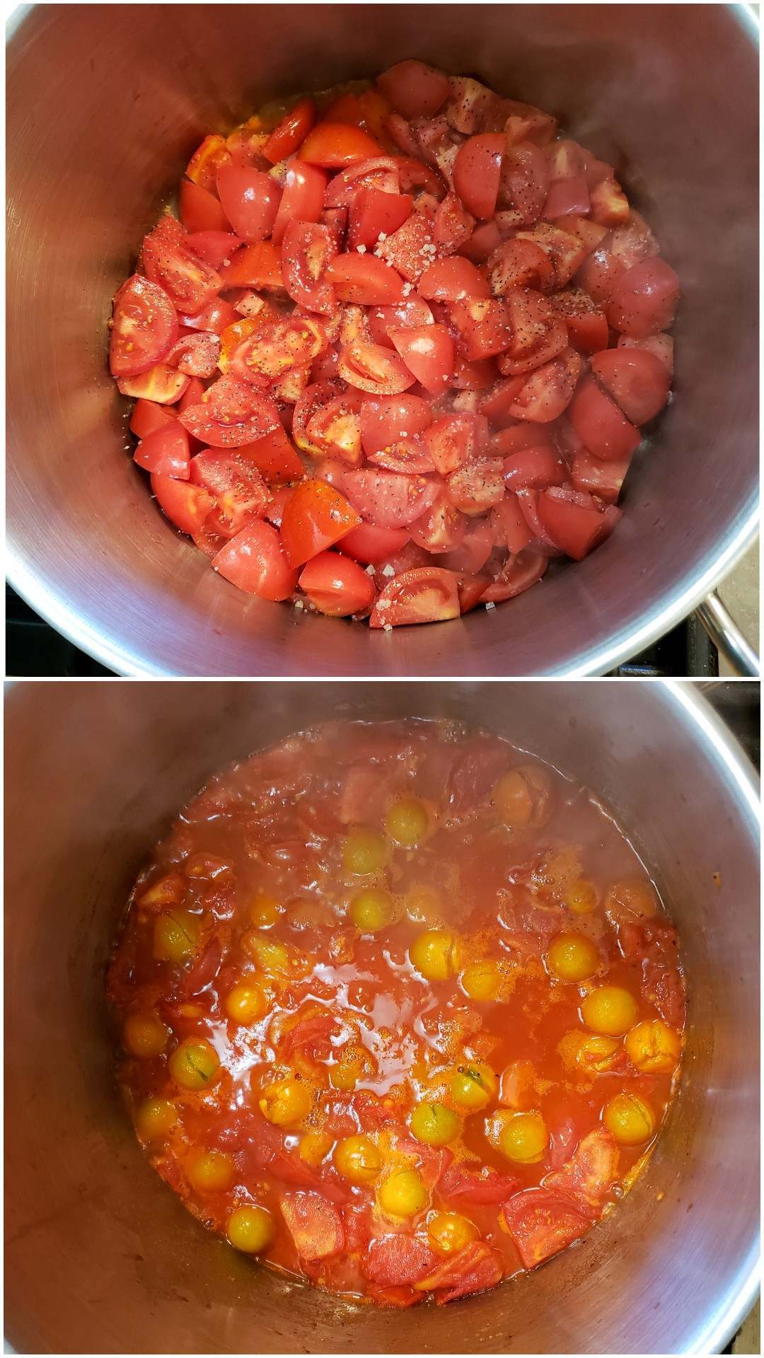 A two way image collage, the first image shows fresh cut red tomatoes in the bottom of a stainless steel cooking pot. There is a slight steam rising from the tomatoes, revealing that they are starting to cook on the stove top. The second image shows the tomatoes which now include some orange sungold tomatoes have begun to cook, much of their juices have released from the heat and the tomatoes are starting to turn into a sauce.