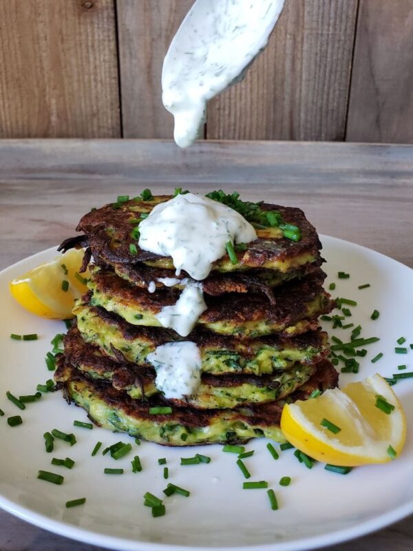 Easy Parmesan Zucchini Fritters Recipe (Healthy Yogurt Dill Sauce