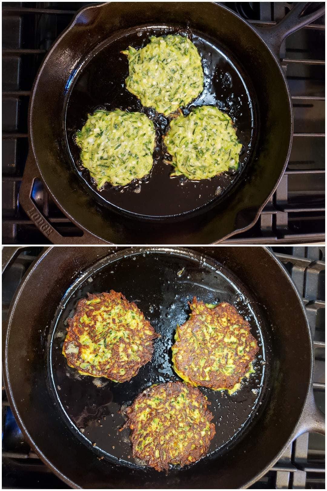 A two way image collage, the first image shows a cast iron skillet which contains three four inch rounds of  zucchini fritter batter. The oil is sizzling in the bottom of the pan and the edges of the fritters are starting to brown. The second image shows the fritters after they have been flipped. The side that has already been cooked is perfectly golden brown while bits of the fritter which haven't received direct heat retain a yellowish quiche like look.