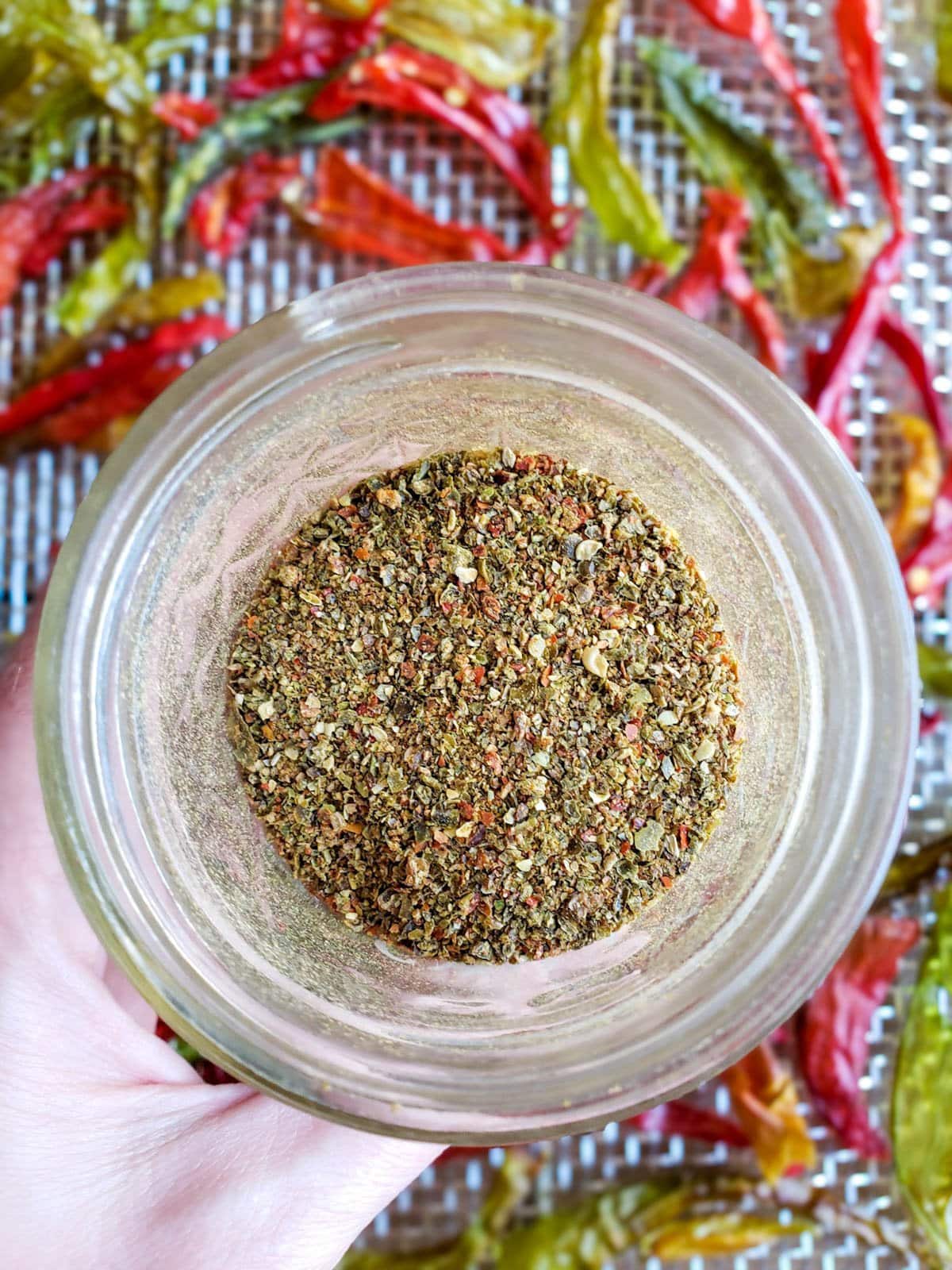 A close up image of homemade chili powder inside the mason jar. The image has been taken from the top of the jar and it shows the ground chili powder, the particles range in size and there are even a few seeds present. The dried chilis on the drying racks are underneath the jar and look more vivid in color than the powder itself. 