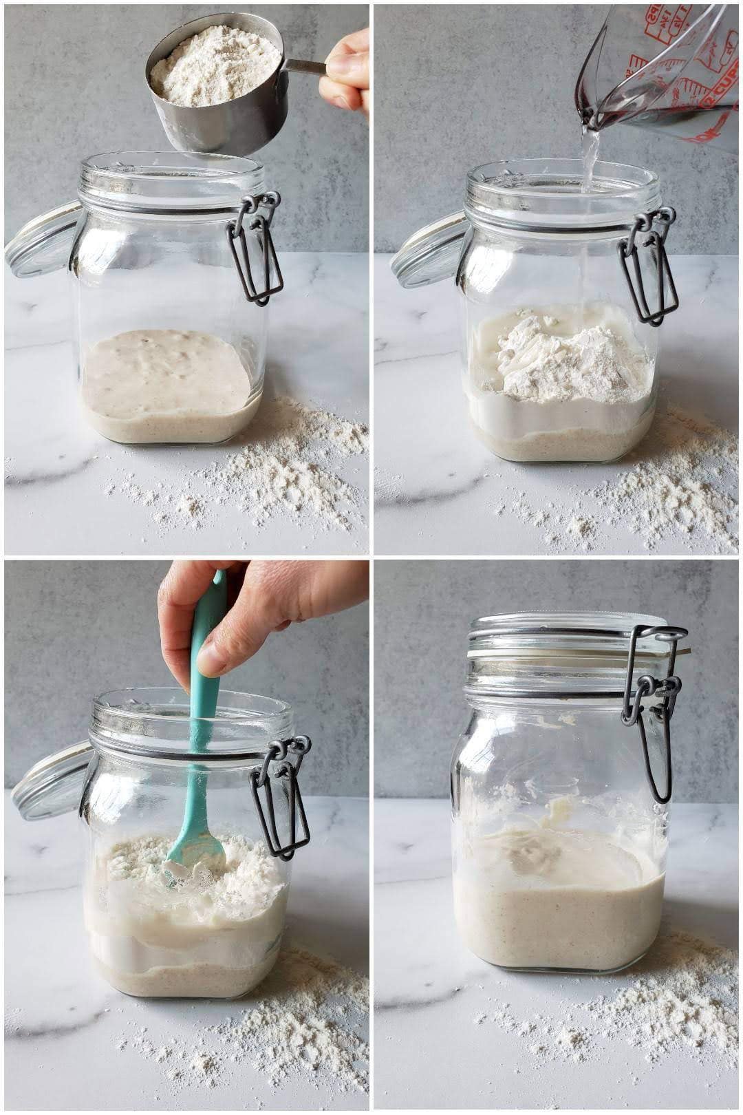 A four part image collage, the first image shows the sourdough starter in the glass container, a measuring cup of flour is held suspended over the jar which will be added to the container. The second image shows the jar with the starter and flour inside and a glass measuring cup suspended over the top, pouring water into the container. The third image shows a hand holding a blue spatula, stirring the starter, flour, and water together. The final image is the container after all of the ingredients have been stirred together, the lid is now pulled closed on top of the jar.