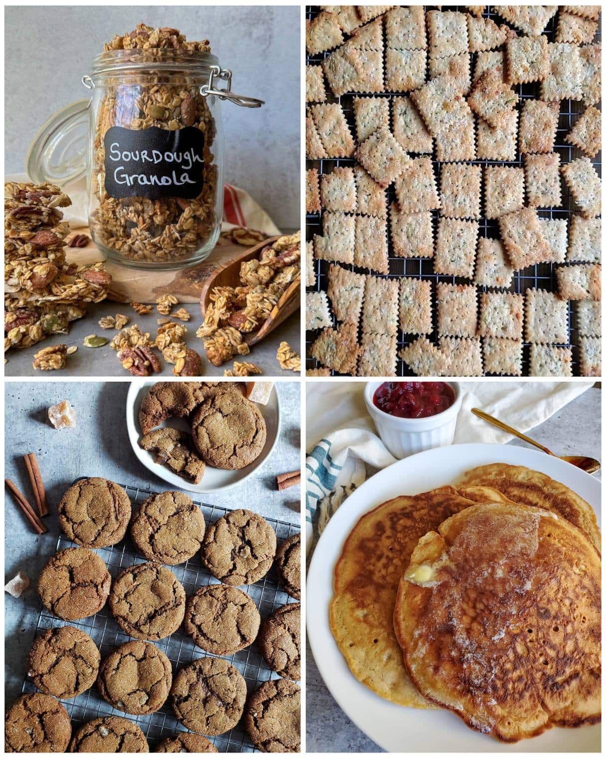 A four part image collage, the first image is an overflowing glass jar of granola. The second image shows small crackers cooling on a wire mesh cooling rack. The third image are ginger molasses cookies on a wire cooling rack, and the last image are three pancakes stacked atop one another with a ramekin of red fruit preserves nearby.