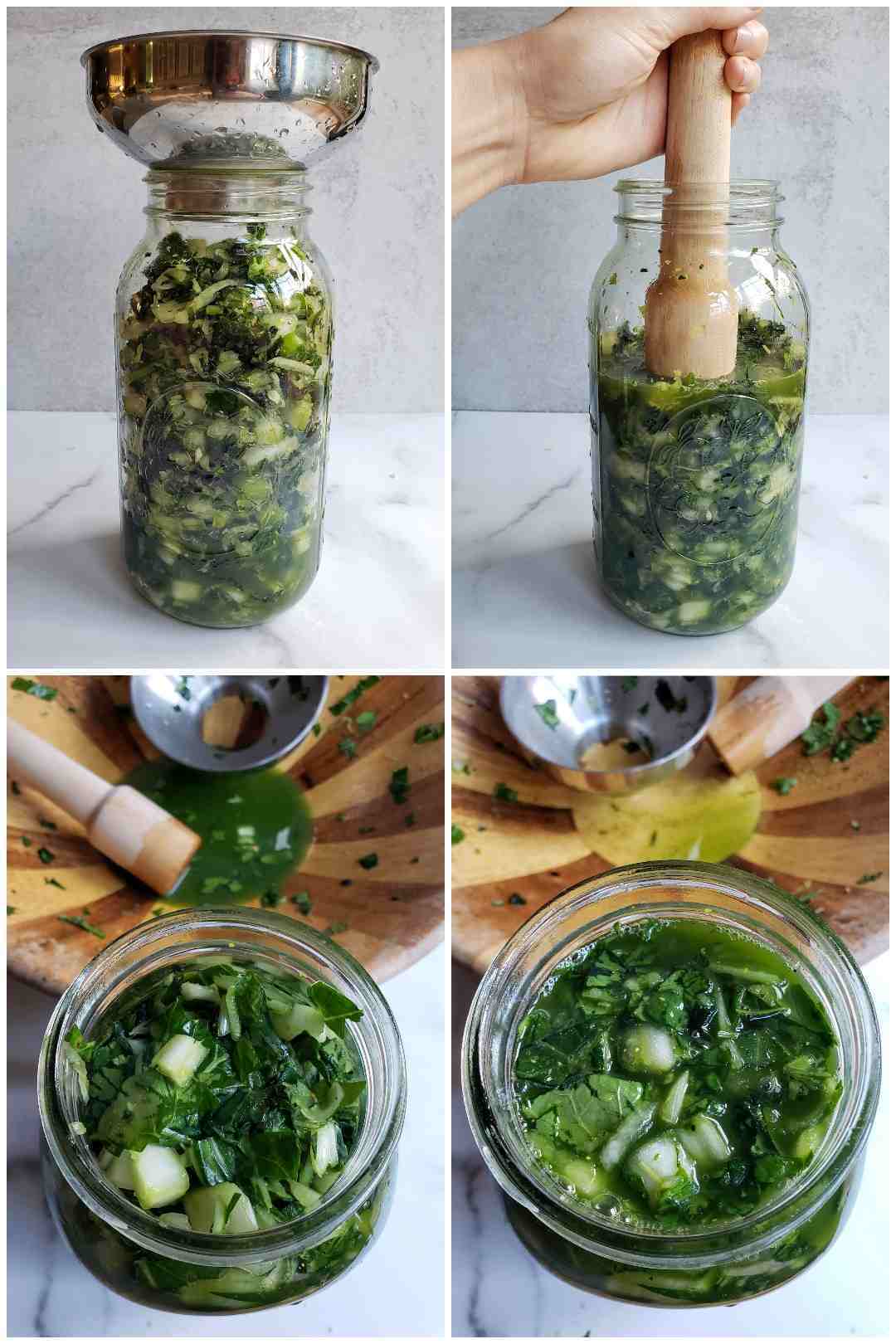 A four way image collage showing the green kraut being packed into a half gallon mason jar. The first image shows the jar nearly full to the top with kraut, a stainless steel canning funnel sits atop the jar. The next image shows a wooden kraut pounder inserted into the jar, pushing and packing the greens down. The greens have now filled the jar two thirds full and there is a layer of green brine floating over the top of the greens. The third image shows the top of the jar with the greens inside before it have been fully packed, there is no brine floating on the top. In the background sits a wooden bowl with the pounder and canning funnel, there is still a small amount of brine liquid remaining in the bowl. The fourth image shows the top of the jar after the remaining brine liquid has been added to the top of the jar, now submerging the vegetables below it.