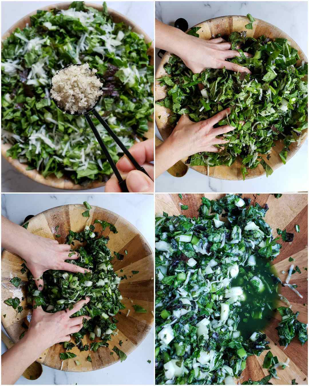 A four part image collage showing the process of salting and massaging a green kraut. The first image shows the chopped greens in a wooden bowl with a hand holding a tablespoon measurement of celtic sea salt over the top of it. The second image shows two hands as they begin to massage the newly seasoned greens. The third image shows the greens at the start of the second massage session. They have began to reduce in size and are releasing their natural juices. The fourth image shows the greens after they have been massaged, rested, and  massaged again. There is a fair amount of green liquid now sitting in the bottom of the bowl which will be the brine that helps preserve the green kraut. 