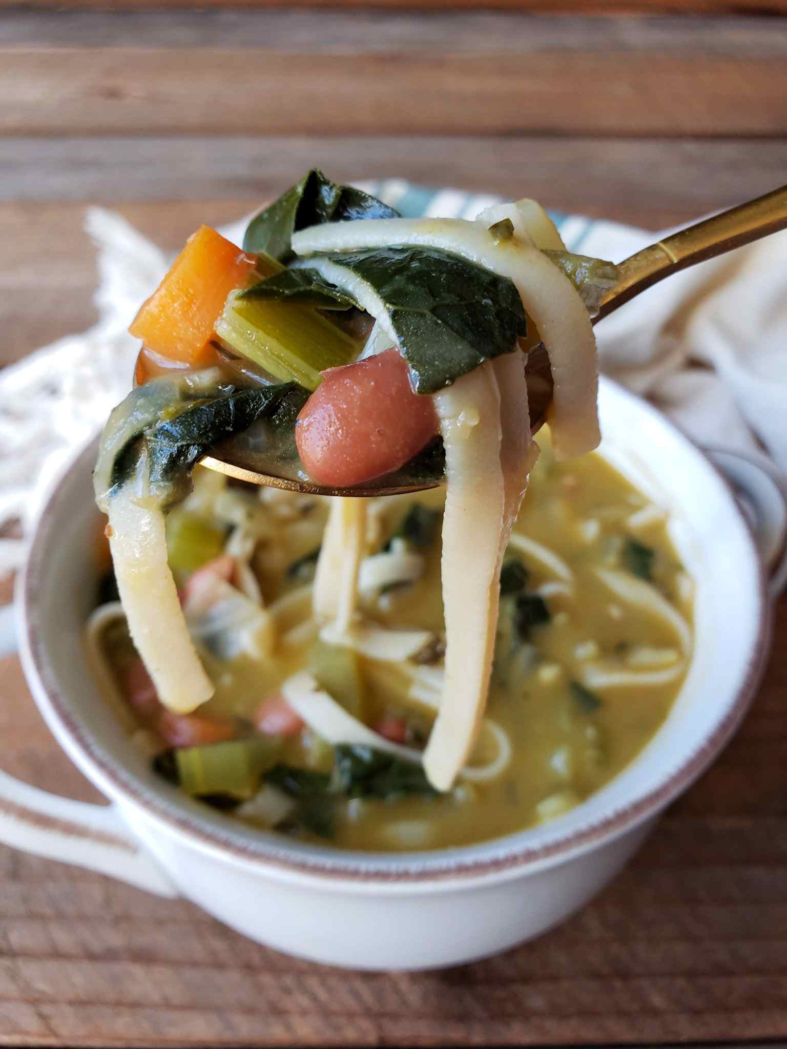 A close up image of a spoonful of vegan chicken noodle soup that contains a bean, celery, carrot, kale, and long noodles in one bite. Below lies a white ceramic bowl of soup.