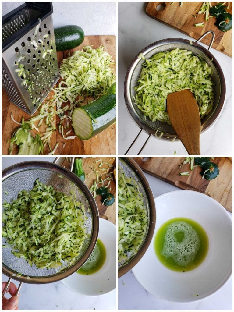 A four part image collage, the first image contains a block cheese grater on a wooden cutting board, around the grater include two halves of zucchini and a pile of grated zucchini. The second image shows a stainless steel fine mesh strainer with grated zucchini inside of it. A wooden spoon is pressing the grated zucchini down to extract extra moisture. The third image shows the strainer lifted off of the bowl that now has green liquid resting in the bottom of it. A wooden cutting board is shown with zucchini bits that are left over from the grating. The final image shows a closer look of green liquid in the white bowl to illustrate the amount of water that came out. To freeze zucchini, it is best to extract as much liquid as possible as it will retain its texture better this way. 