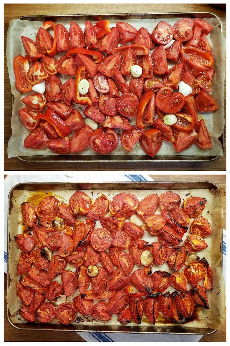 A two part image collage, the first image shows a parchment paper lined baking sheet full of fresh halved and quartered tomatoes, garlic, and slices of red bell pepper. The second image shows the same ingredients after they have been roasted in the oven. Edges of the ingredients have turned slightly brown and even black in some spots. They have slightly shrunk in size and withered due to the roasting.