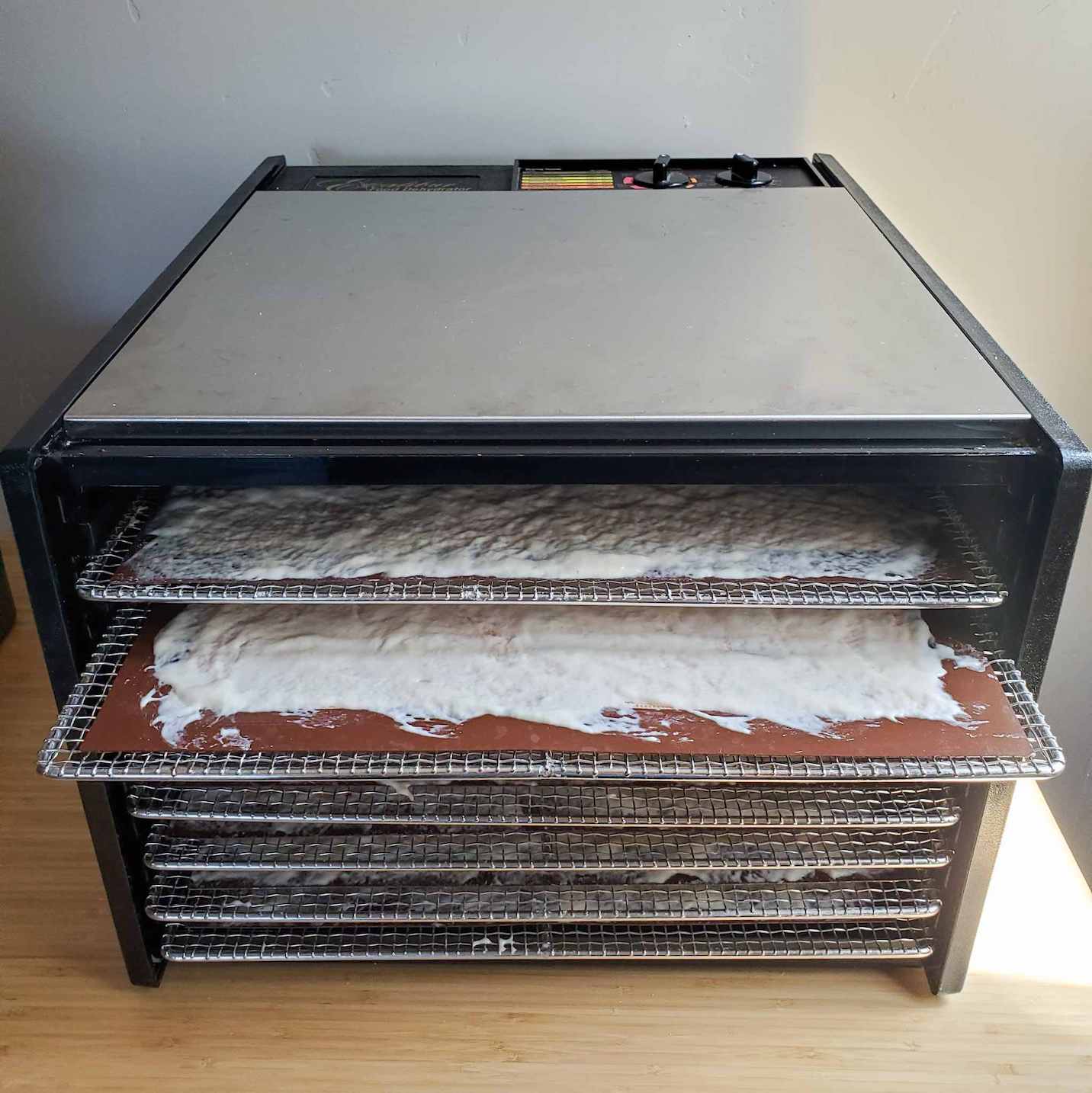 An Excalibur dehydrator contains sheets of thinly spread sourdough starter. A few of the trays are pulled out in a stair step fashion to show the starter. 