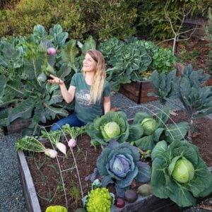 A woman is crouching behind a raised garden bed of cabbage and harvested cauliflower and radishes. She has tossed a larger radish in the air and is waiting to catch it on the way back down. Beyond are two more garden beds full of cauliflower and Brussels sprouts.