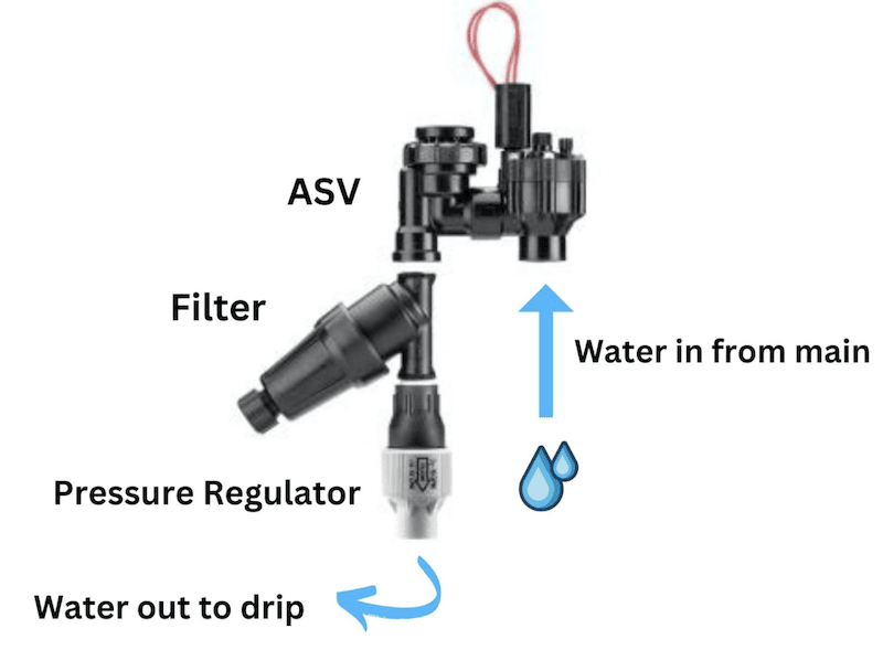 A graphic showing the components of an irrigation valve and flow of water. From the right it start with water flowering upward into the ASV valve, before it reaches the filter, the pressure regulator, before water going out to drip irrigation. 