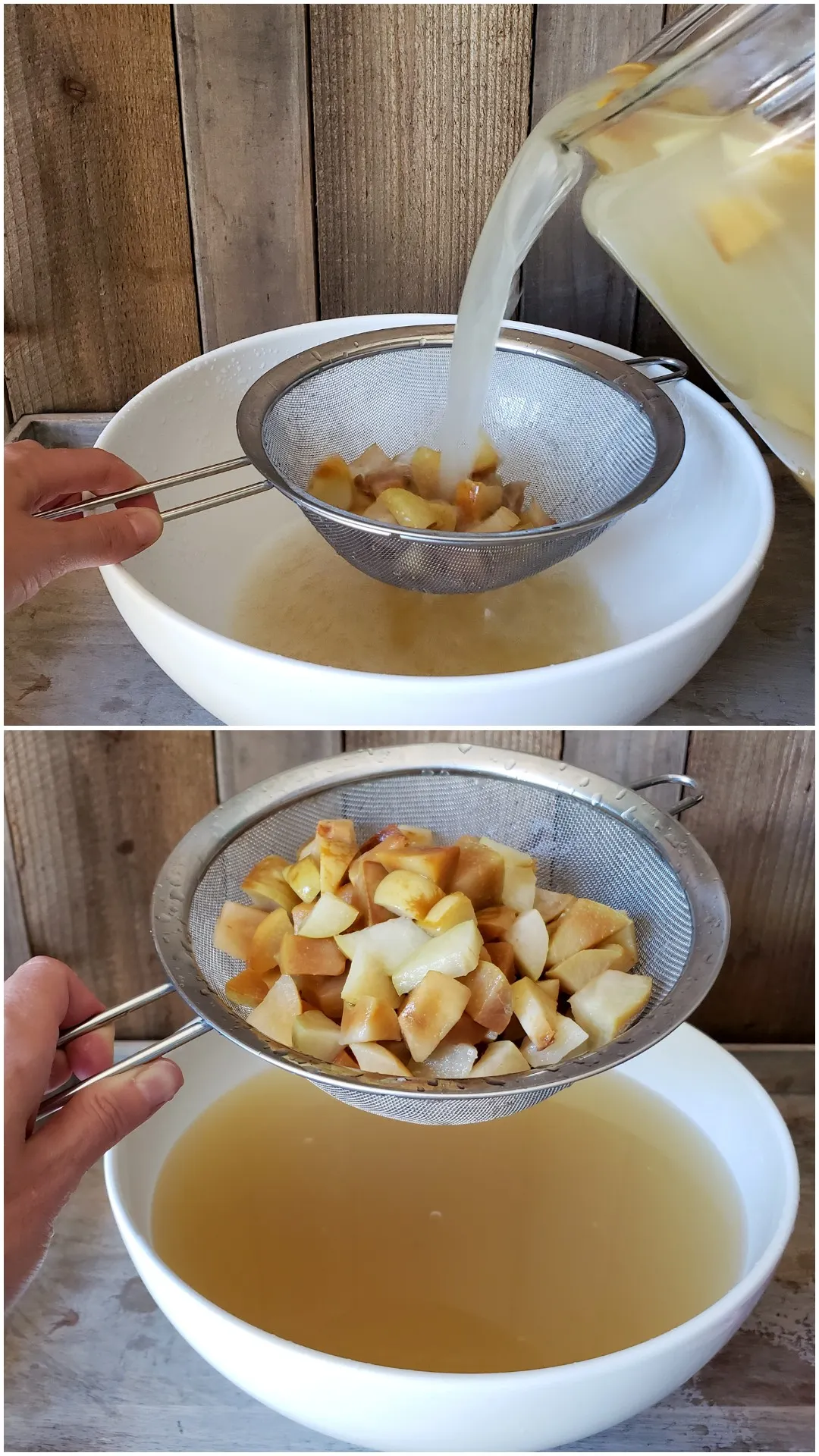 A two way image collage, the first image shows the crock being tipped over and it contents being poured into a large white ceramic bowl. A stainless steel strainer is being held over the bowl, straining all of the apple chunks from the liquid. The second image shows a hand holding the strainer full of apple chunks above the bowl that is now full of soon to be apple cider vinegar.