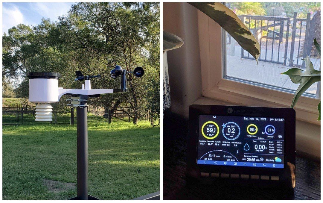 A two part image collage, the first image shows a wireless weather station set up along a fence line. The second image shows the screen that is kept indoors which displays the temperature, humidity, wind, and rainfall that is being tracked from the outdoor station. Having an in home weather station helps a lot with microclimates that may occur inside of specific hardiness and growing zones.