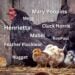 A hen is surrounded by baby chicks, there are various chicken names surrounding the birds such as "Mabel", "Nugget" and "Cluck Norris" to name a few.