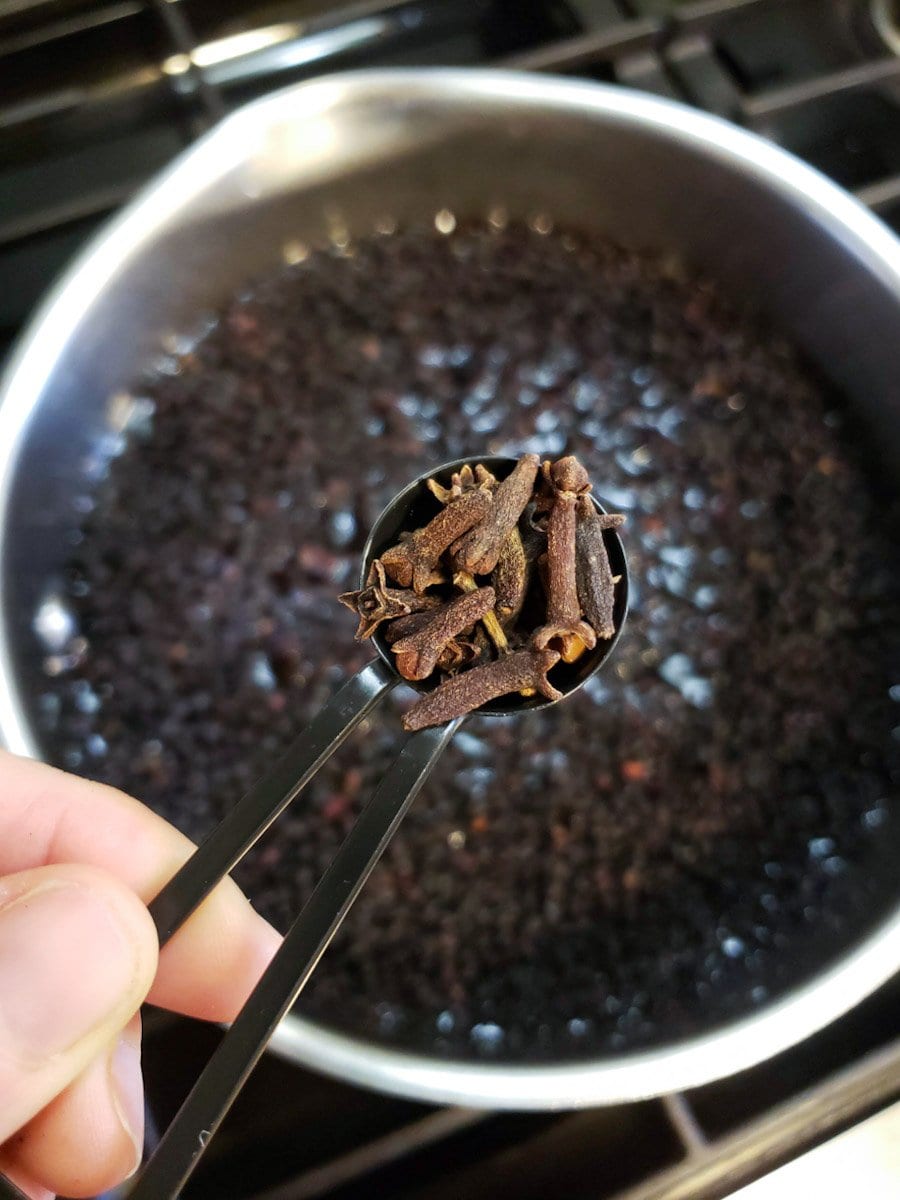 A teaspoon measurement of whole cloves is held above a pot of dried berries and water.