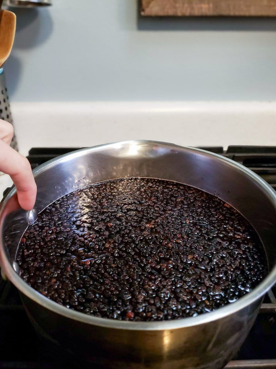 A metal cooking pot is almost all the way full of dried berries and water. A finger is held along the edge of the inside of the pot to note the height the mixture reaches on the pot.