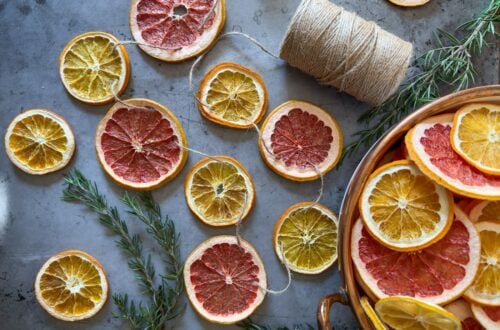 Dried citrus slices are laid out with a roll of twine nearby along with a bowl full of dried citrus slices.