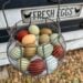 A metal round basket is full of eggs in varying colors from light blue to dark brown and shades in between.