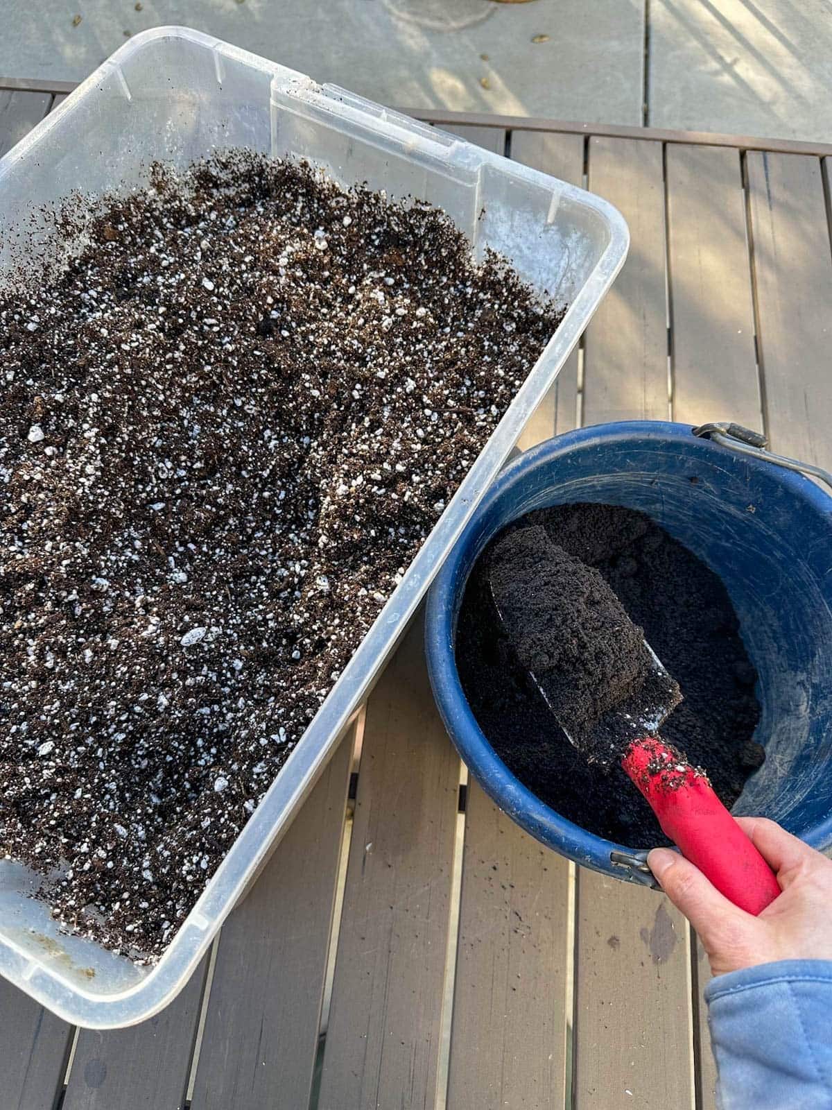 A close up of a hand holding a garden trowel over a small blue bucket, scooping worm castings into a larger storage tote full of seed starting soil sitting next to it.