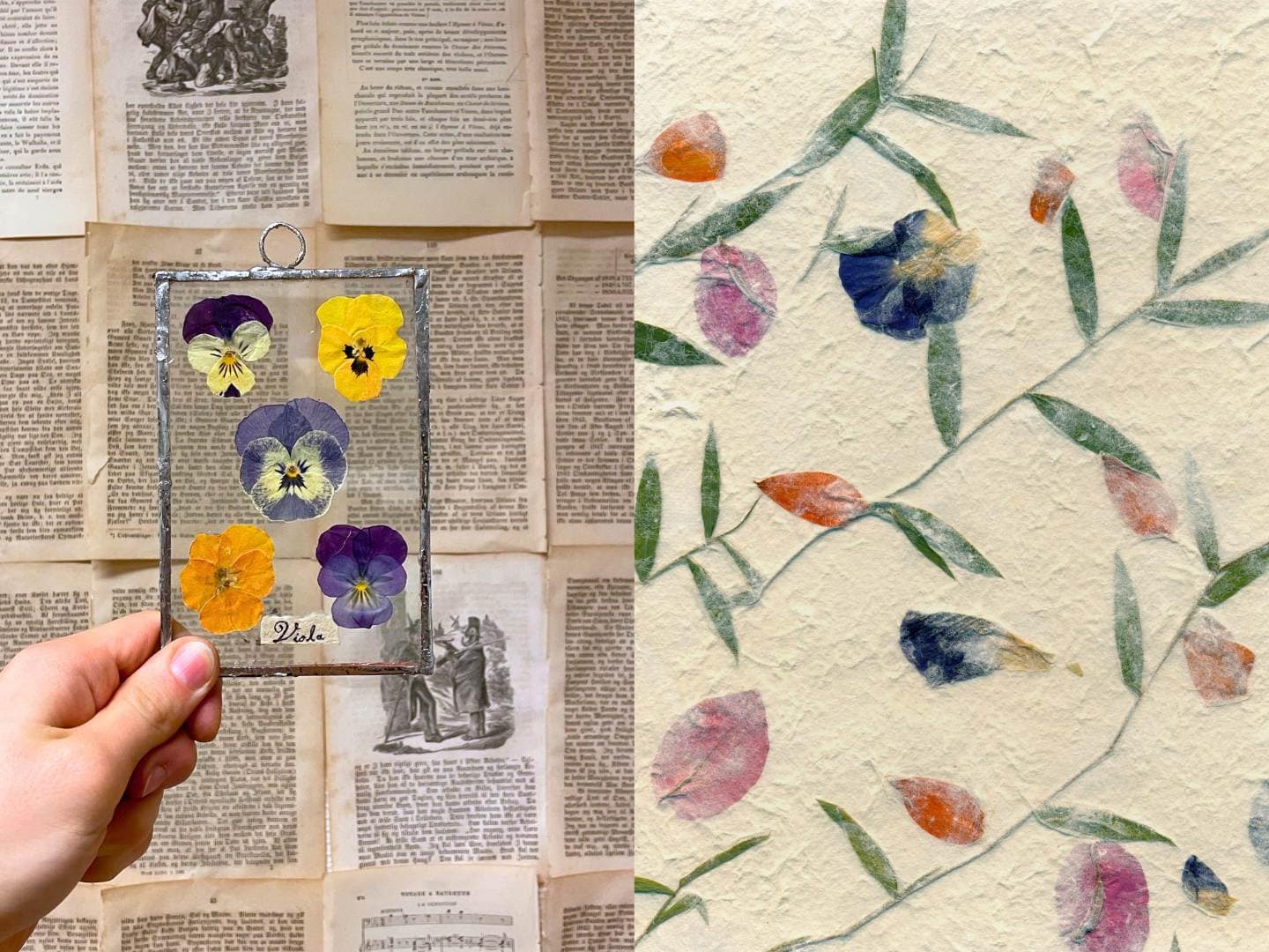 A hand is holding a glass and metal wire frame, inside the glass are dried viola flowers. 