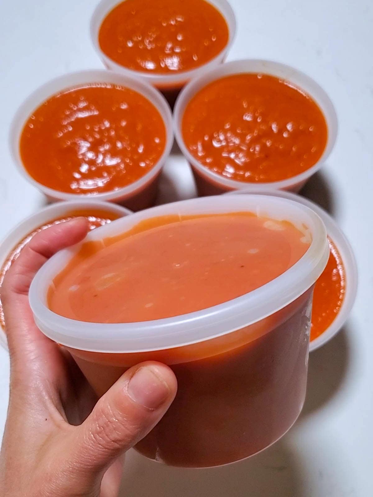 A hand holding a plastic freezer container full of freshly roasted sauce. Beyond are five more containers filled with sauce.