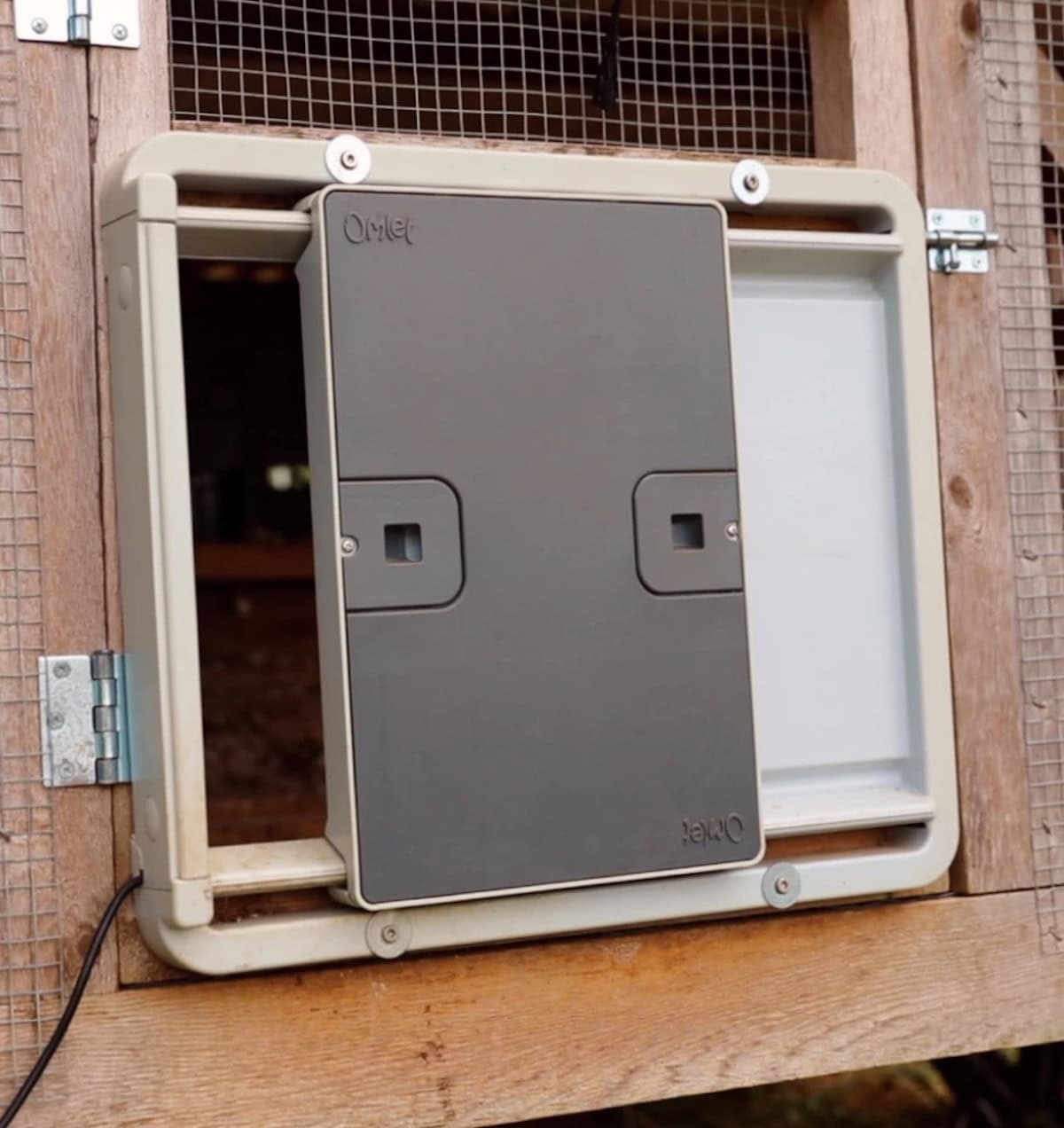 An Omlet chicken coop door is partially open. 